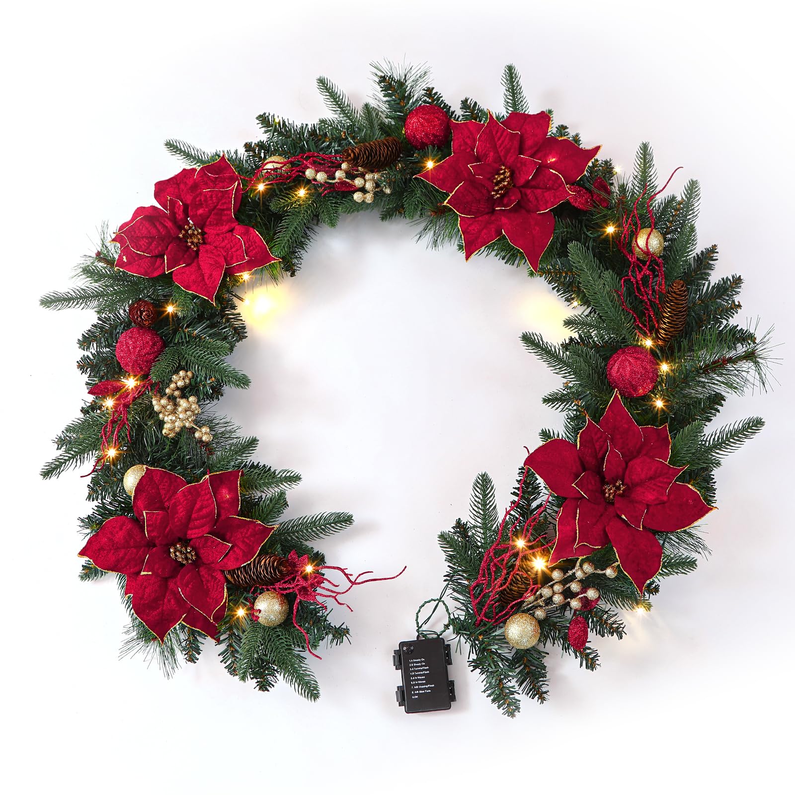 SHareconn Prelit Christmas Garland Decorations with Multi-Color LED Lights Battery-Operated Timer Lighted Garland with Ball Poinsettia