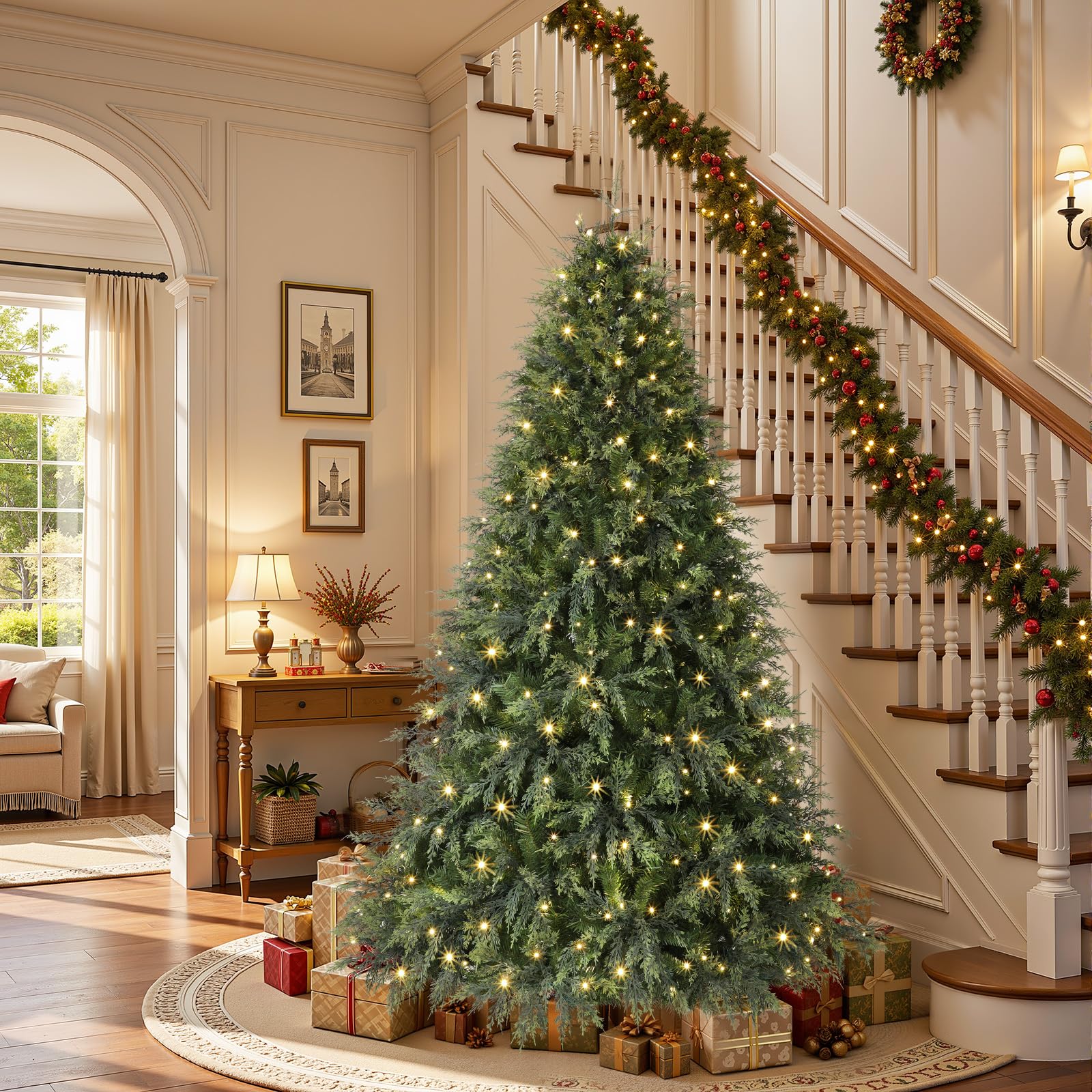 6ft Prelit Cedar Cypress Artificial Christmas Tree, 1210 Leaves & 340 LED Lights, 17 Mode with Remote