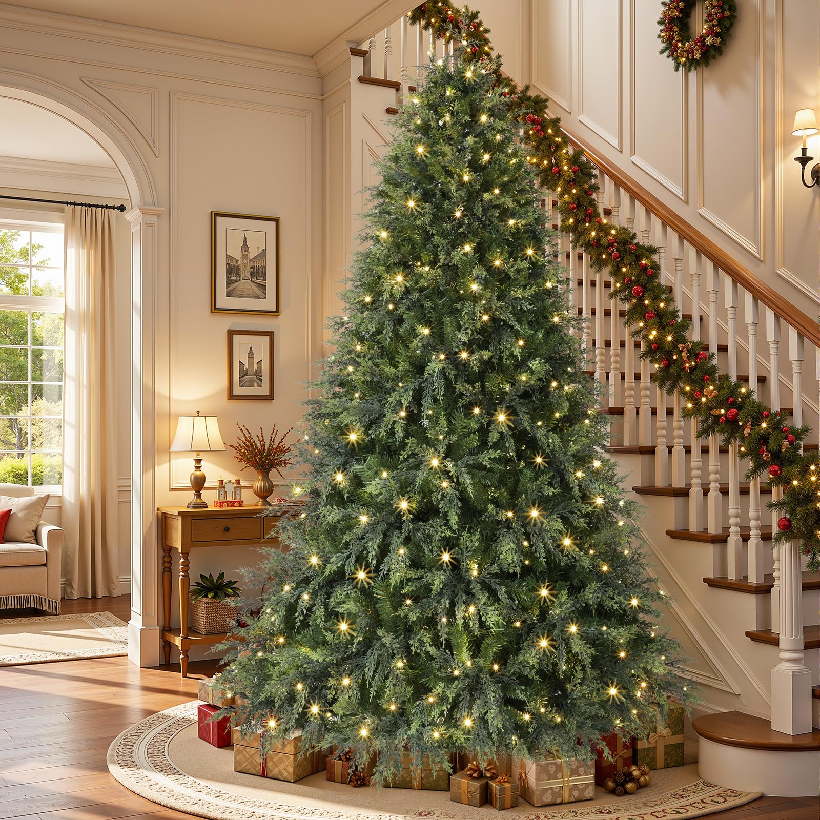 7.5ft Prelit Cedar Cypress Artificial Christmas Tree, 1680 Leaves & 440 LED Lights, 17 Mode with Remote
