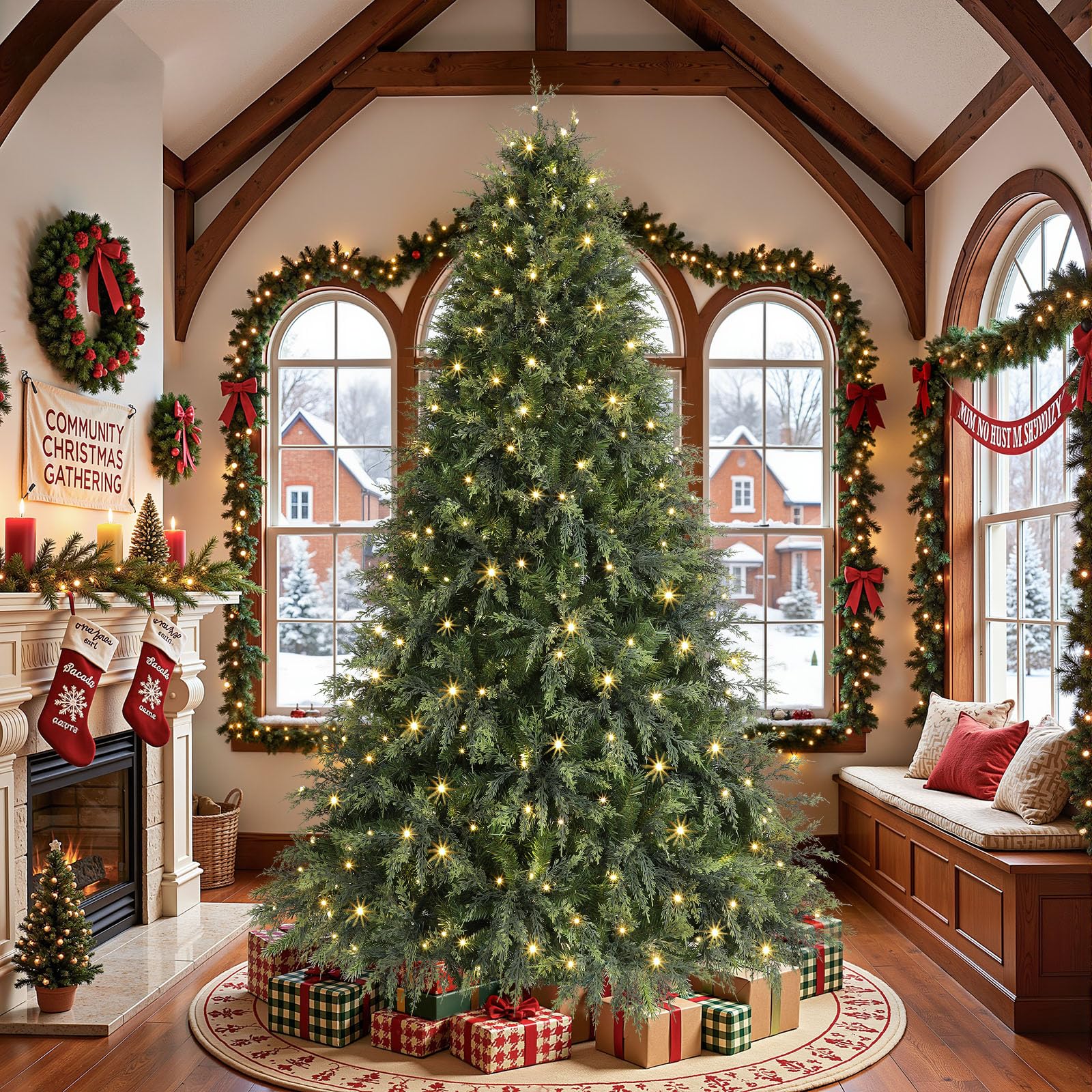8ft Prelit Cedar Cypress Artificial Christmas Tree, 3760 Leaves & 500 LED Lights, 17 Mode with Remote