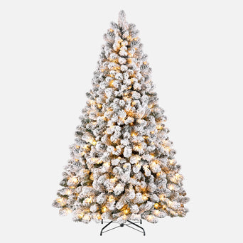 7ft SHareconn prelit snow flocked artificial Christmas tree with warm white lights, showcasing frosted branches and festive decor.