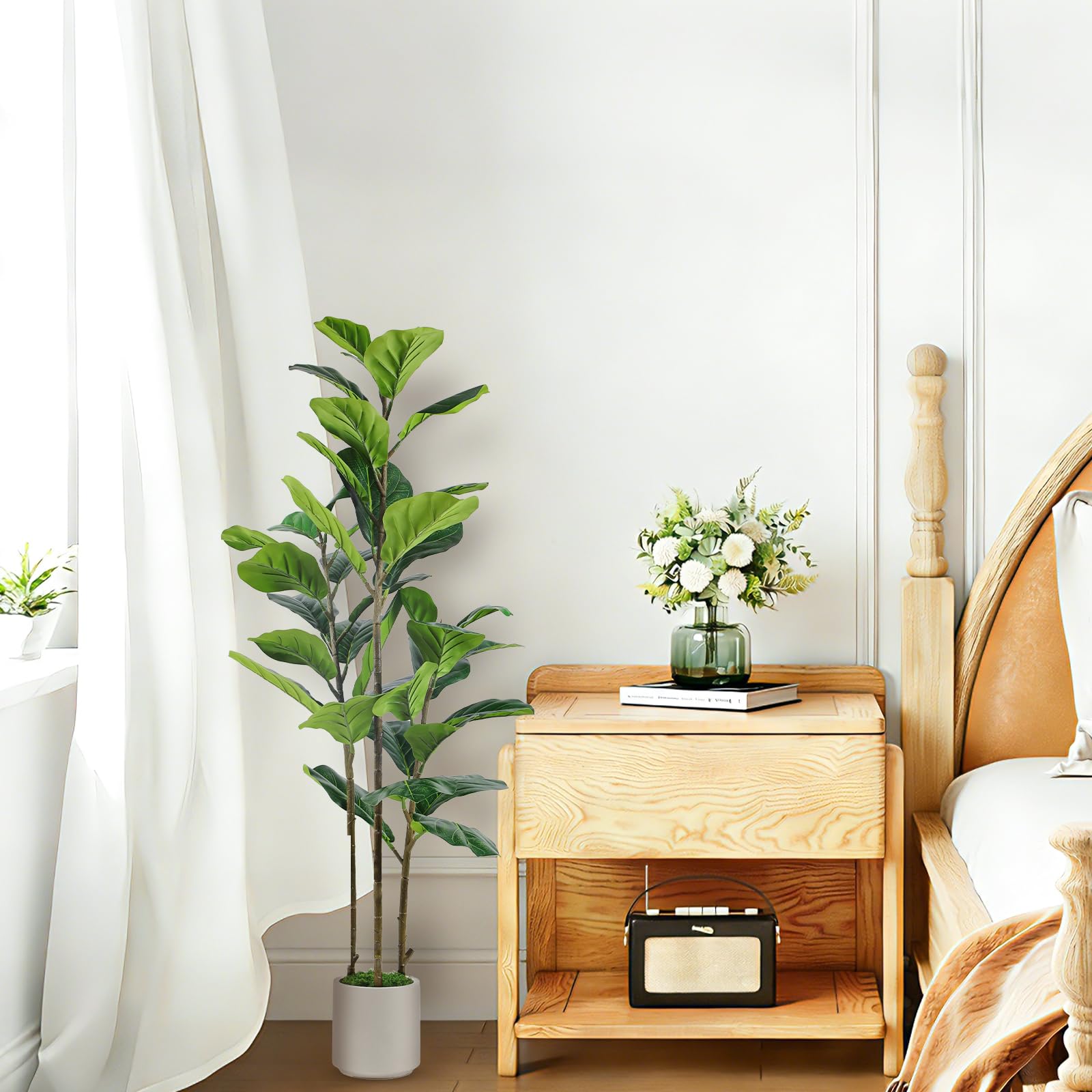 Artificial Fiddle Leaf Fig Tree with White Planter Pot - SHareconn