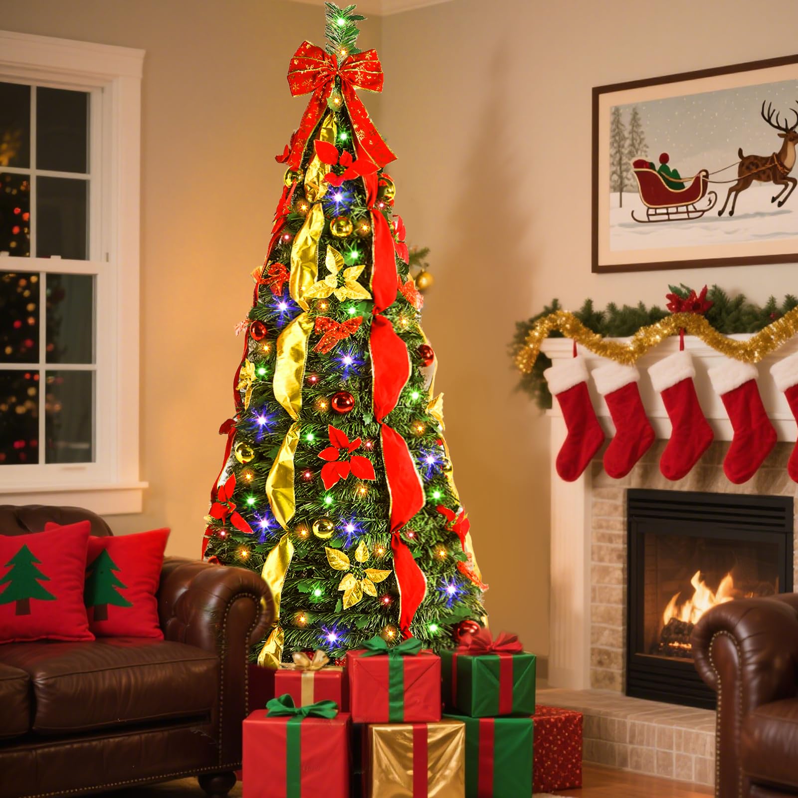 4ft Pop Up Warm White & Multi-Color Lights Artificial Christmas Tree with Red&Gold Decorations