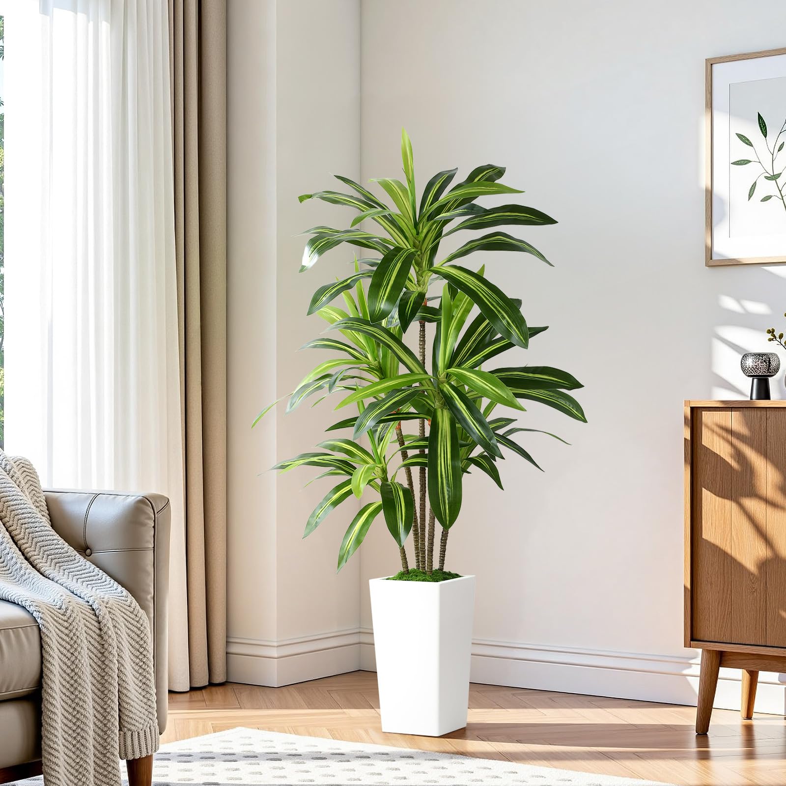 Artificial Dracaena Fake Tree with White High Pot