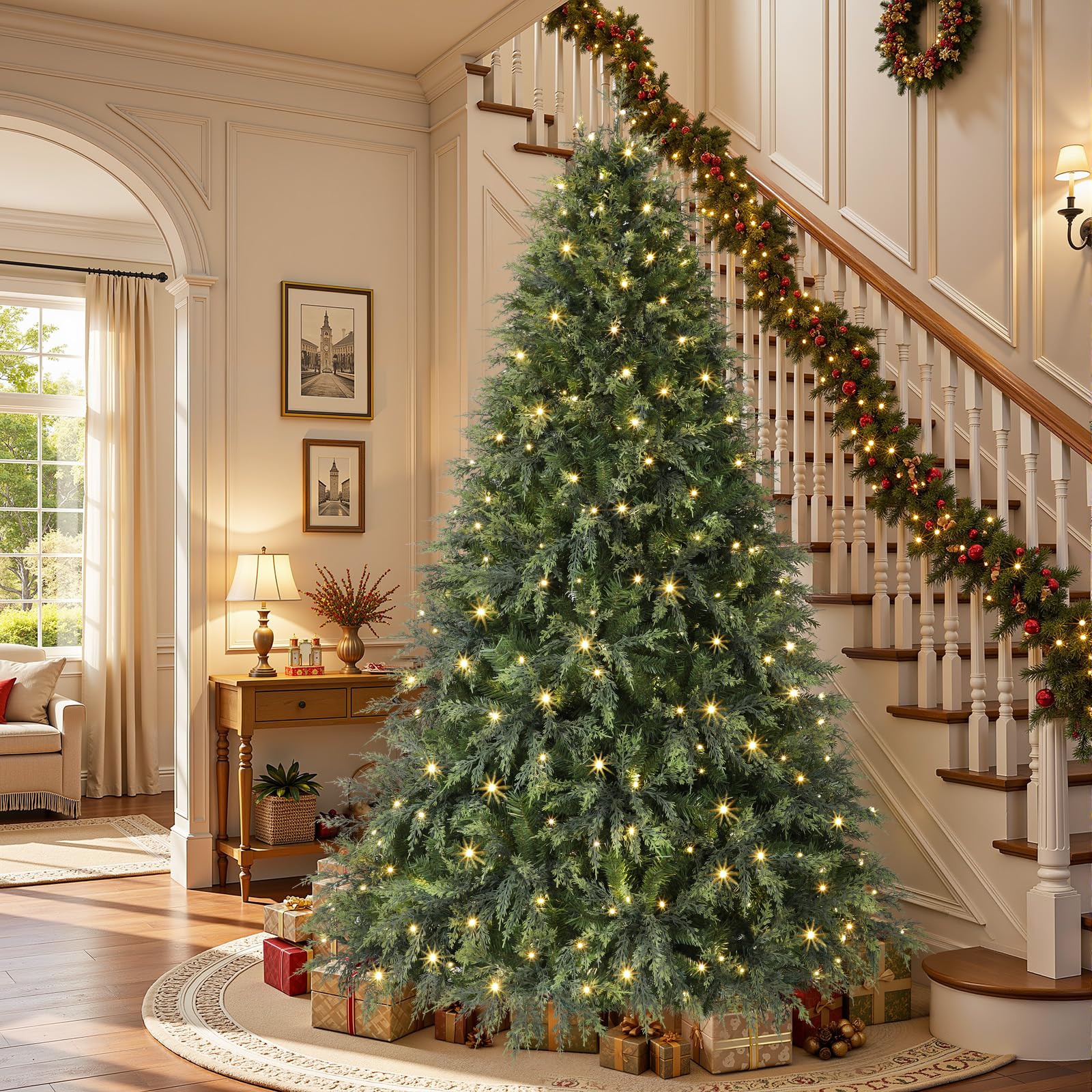 7ft Prelit Cedar Cypress Artificial Christmas Tree, 1420 Leaves & 390 LED Lights, 17 Mode with Remote