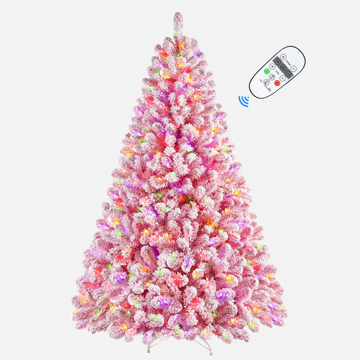 6ft Pink Flocked Spruce Artificial Hinged Christmas Tree with Multi Color Lights - SHareconn