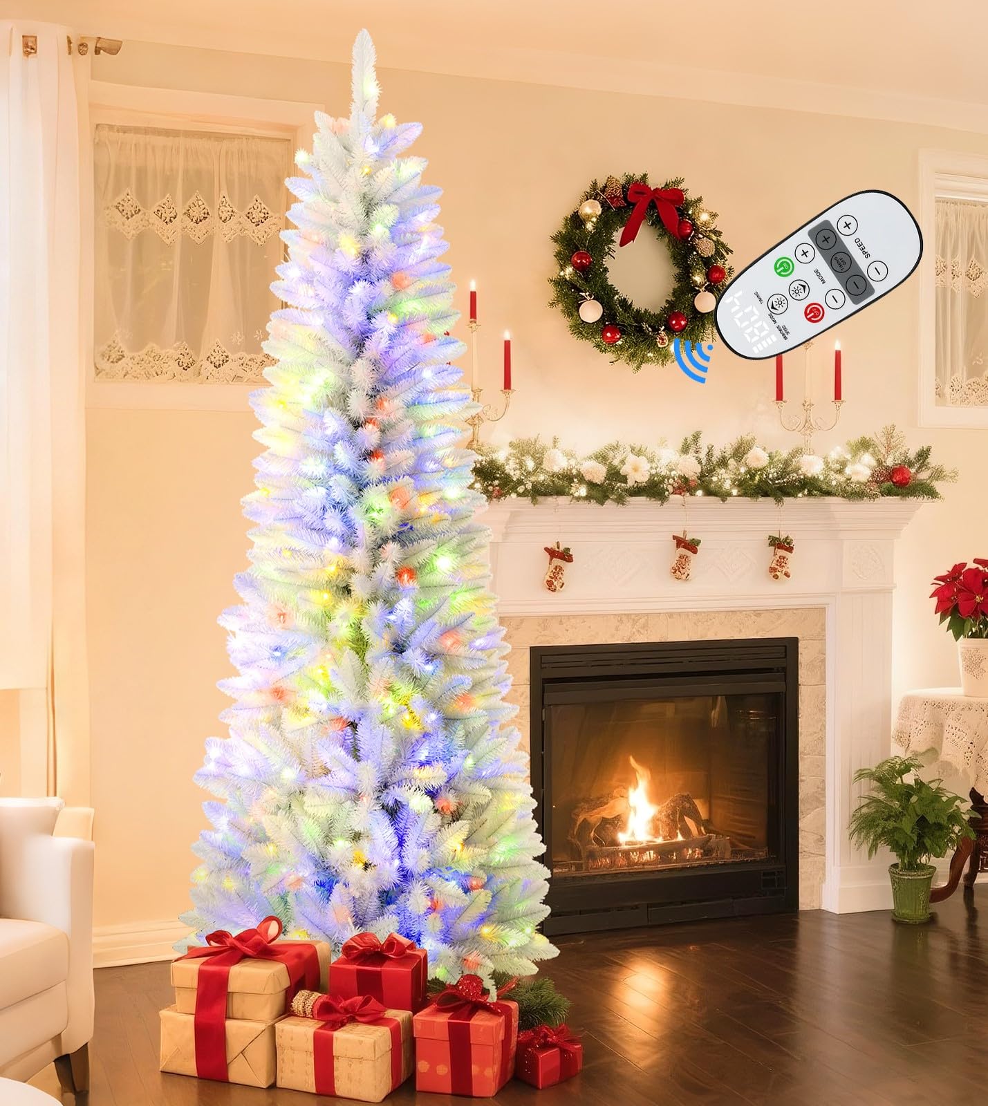 6ft Prelit White Artificial Slim Pencil Christmas Tree with Warm White & Multi-Color Lights and Remote