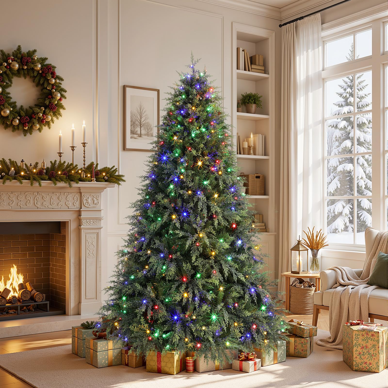 6ft Prelit Cedar Cypress Artificial Christmas Tree, 1210 Leaves & 340 LED Lights, 17 Mode with Remote