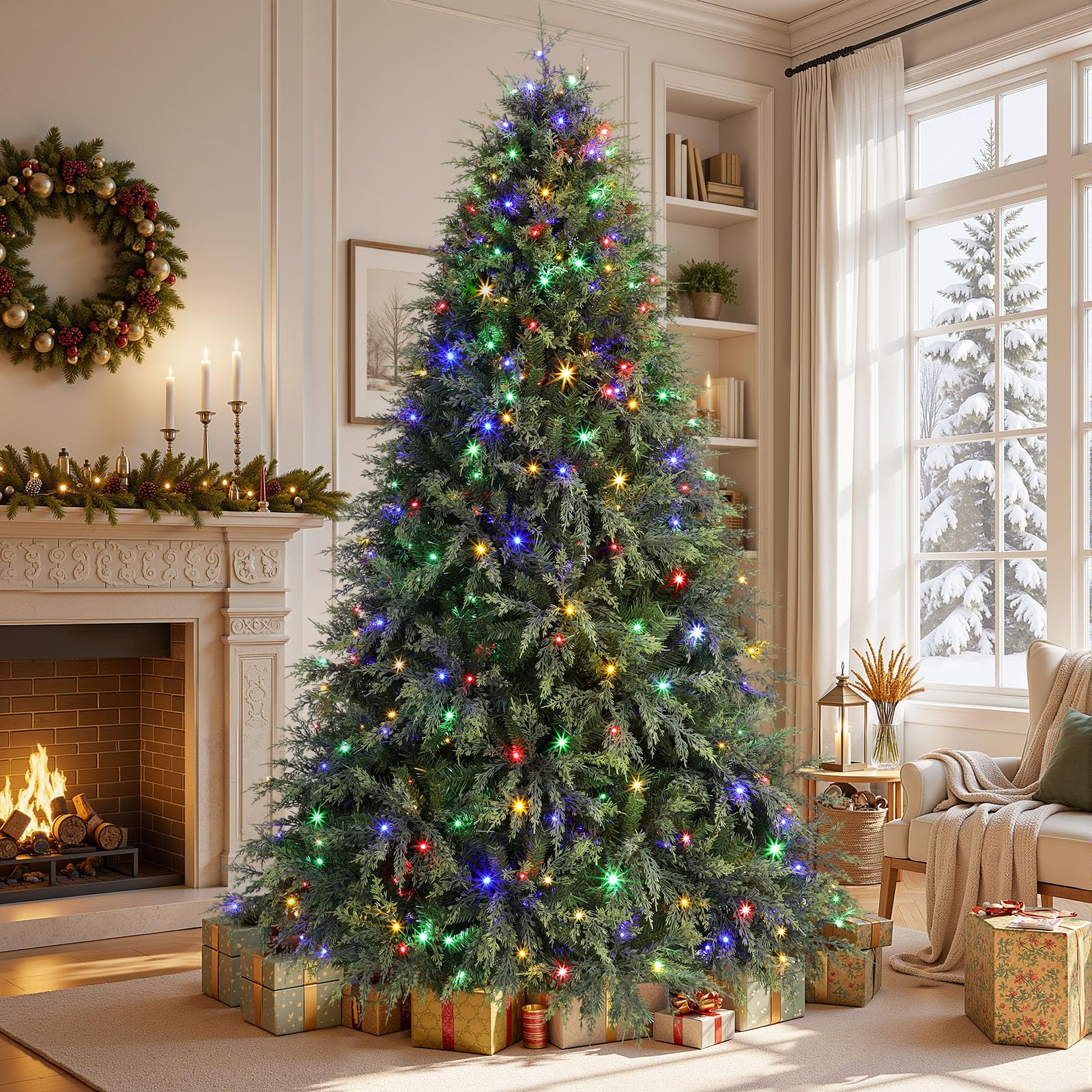 7.5ft Prelit Cedar Cypress Artificial Christmas Tree, 1680 Leaves & 440 LED Lights, 17 Mode with Remote