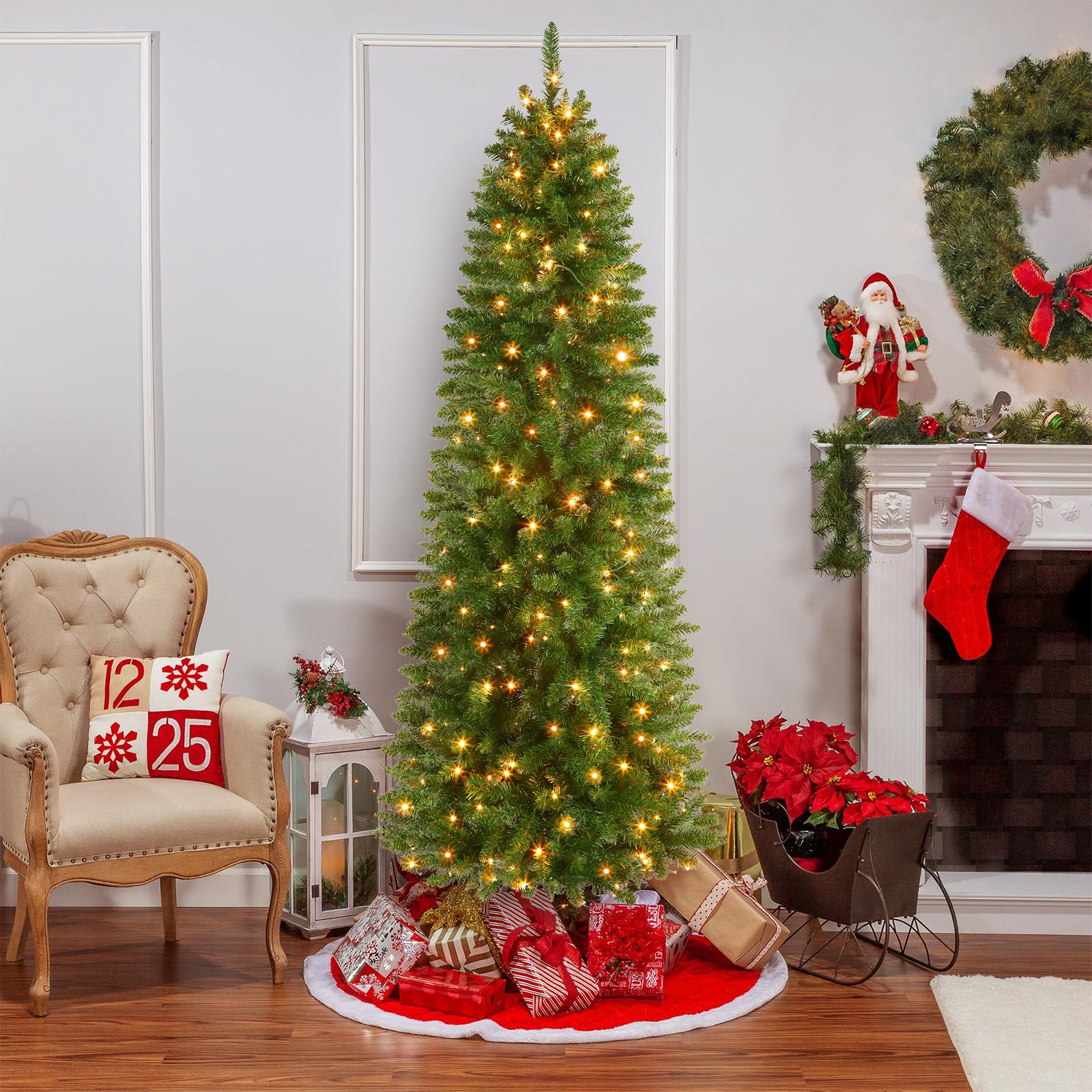 Pre-lit Classic Spruce Artificial Slim Pencil Christmas Trees with RGB Lights Remote