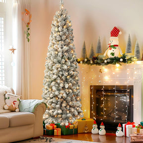 9ft Prelit Pencil Snow Flocked Artificial Xmas Tree with 450 Warm White Lights - SHareconn
