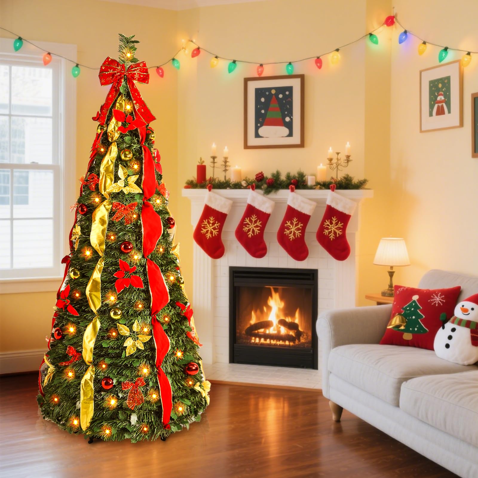 7ft Pop Up Warm White & Multi-Color Lights Artificial Christmas Tree with Red&Gold Decorations - SHareconn