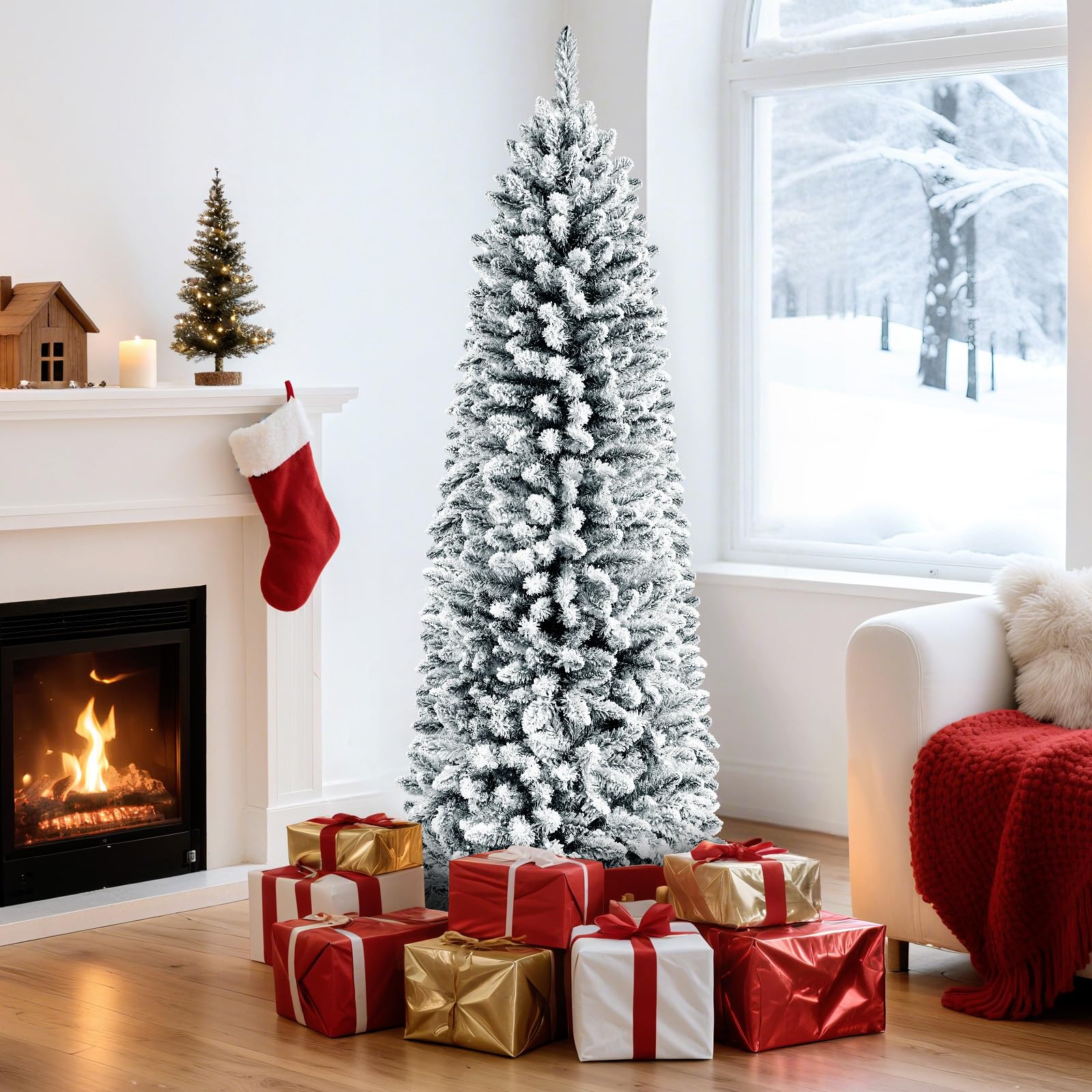 Flocked Pencil Spruce Artificial Christmas Trees with Multi Color Ligts