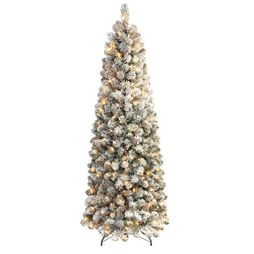 9ft Prelit Pencil Snow Flocked Artificial Xmas Tree with 450 Warm White Lights - SHareconn