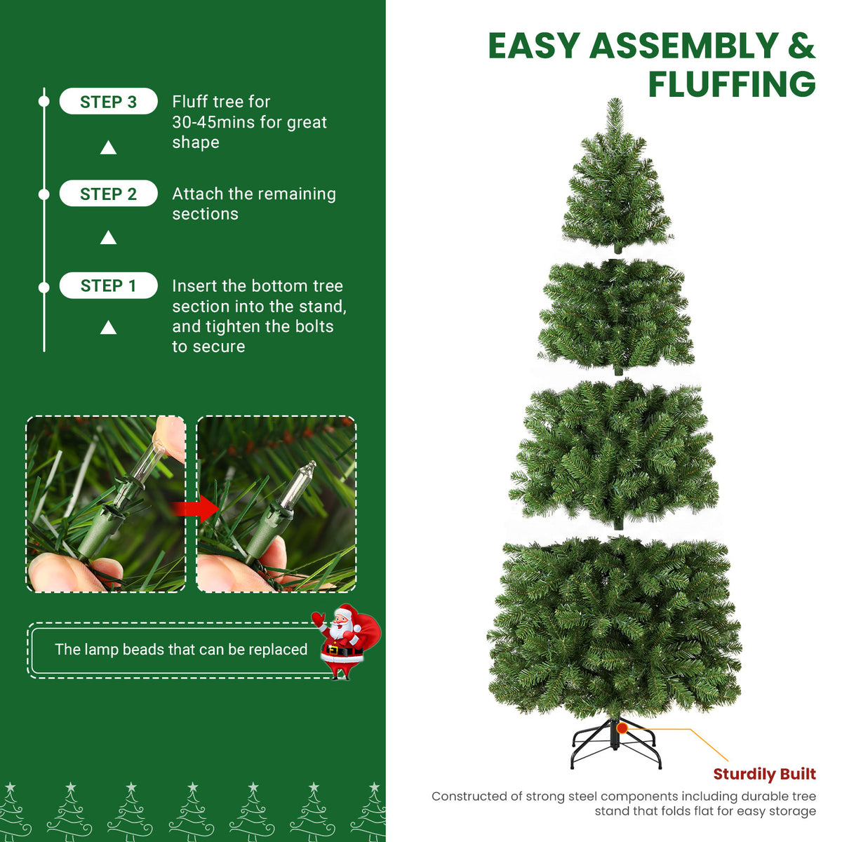 9ft Warm White Light Artificial Hinged Slim Pencil Prelit Christmas Tree