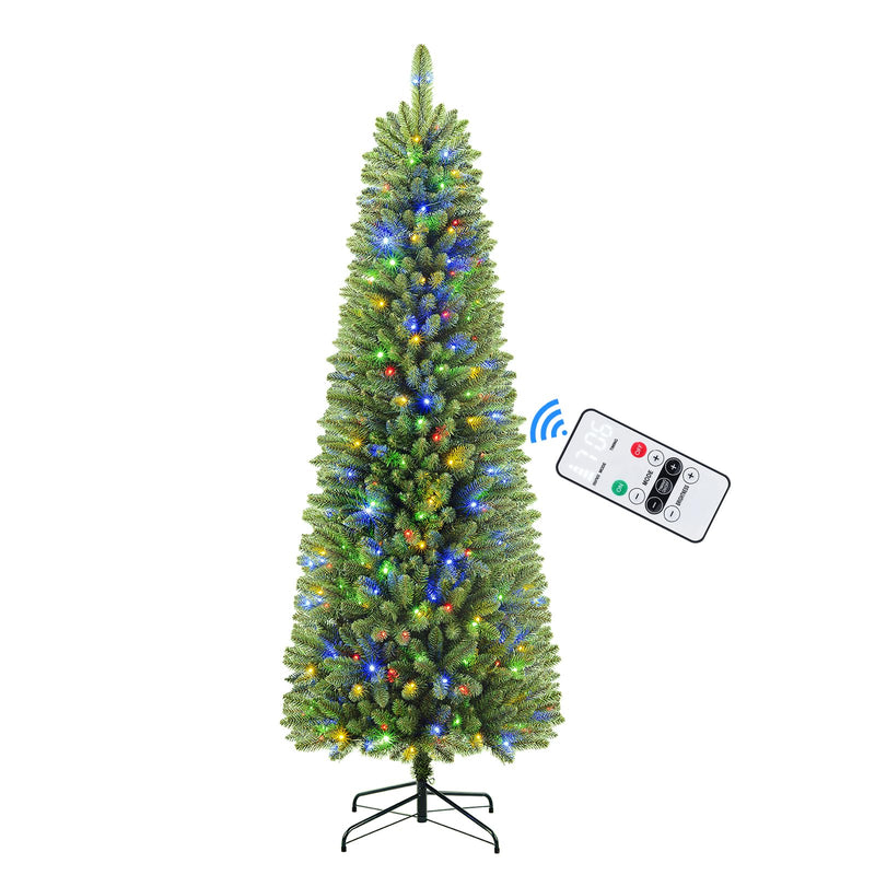 7ft SHareconn artificial pencil spruce Christmas tree with multi-color lights, warm white accents, and remote control.