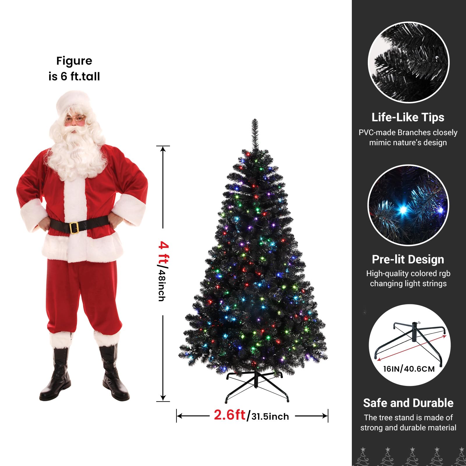SHareconn 4ft Prelit Premium Artificial Hinged Christmas Tree with 170 RGB Lights, 414 Branch Tips and Foldable Metal Stand, Perfect Choice for Xmas Decoration, 4 FT, Black - SHareconn