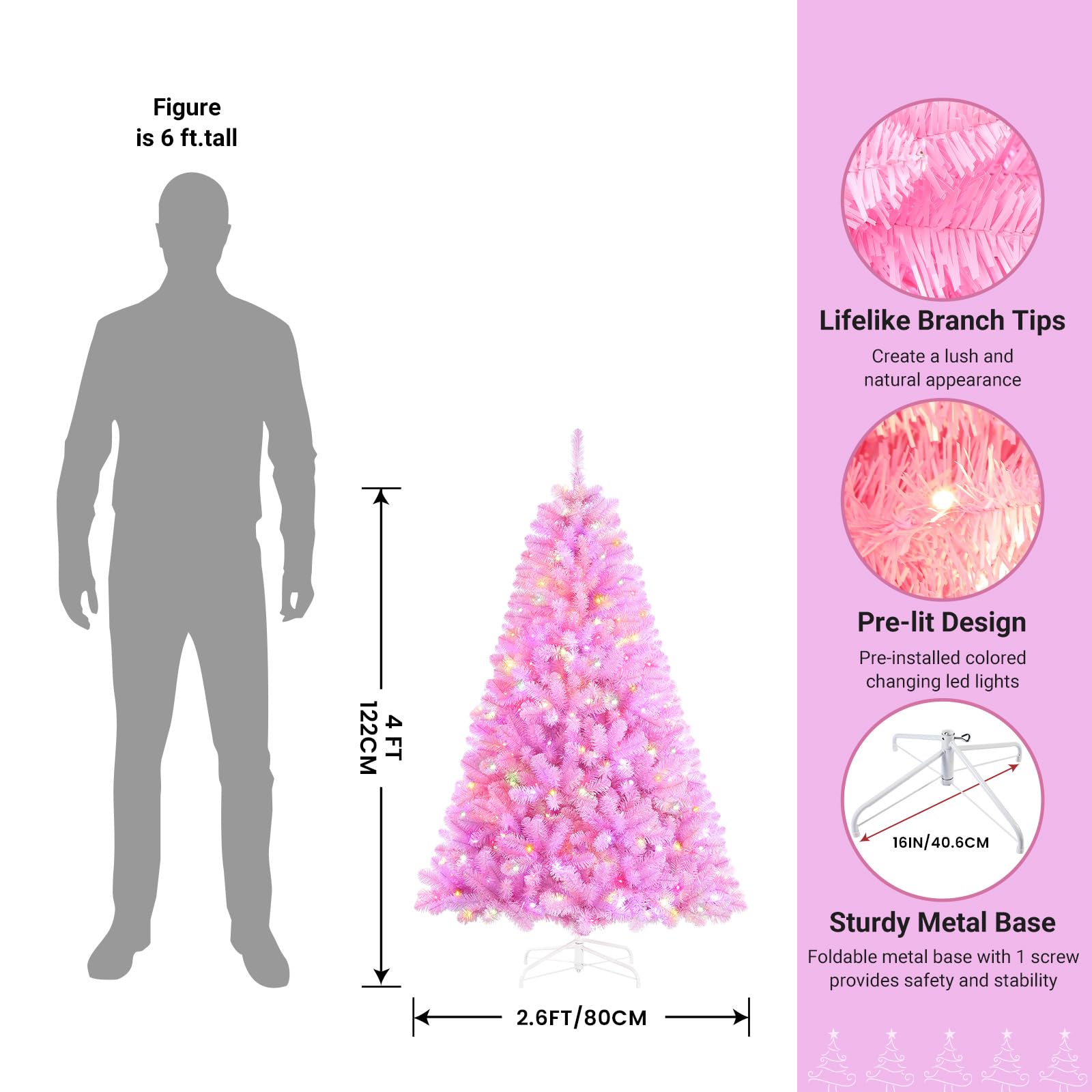 SHareconn 4ft Prelit Premium Artificial Hinged Christmas Tree with Remote Control,Timer,and 170 Warm White & Color LED Changing Lights,414 Branch Tips,Perfect Choice for Xmas Decoration,4 FT,Pink - SHareconn