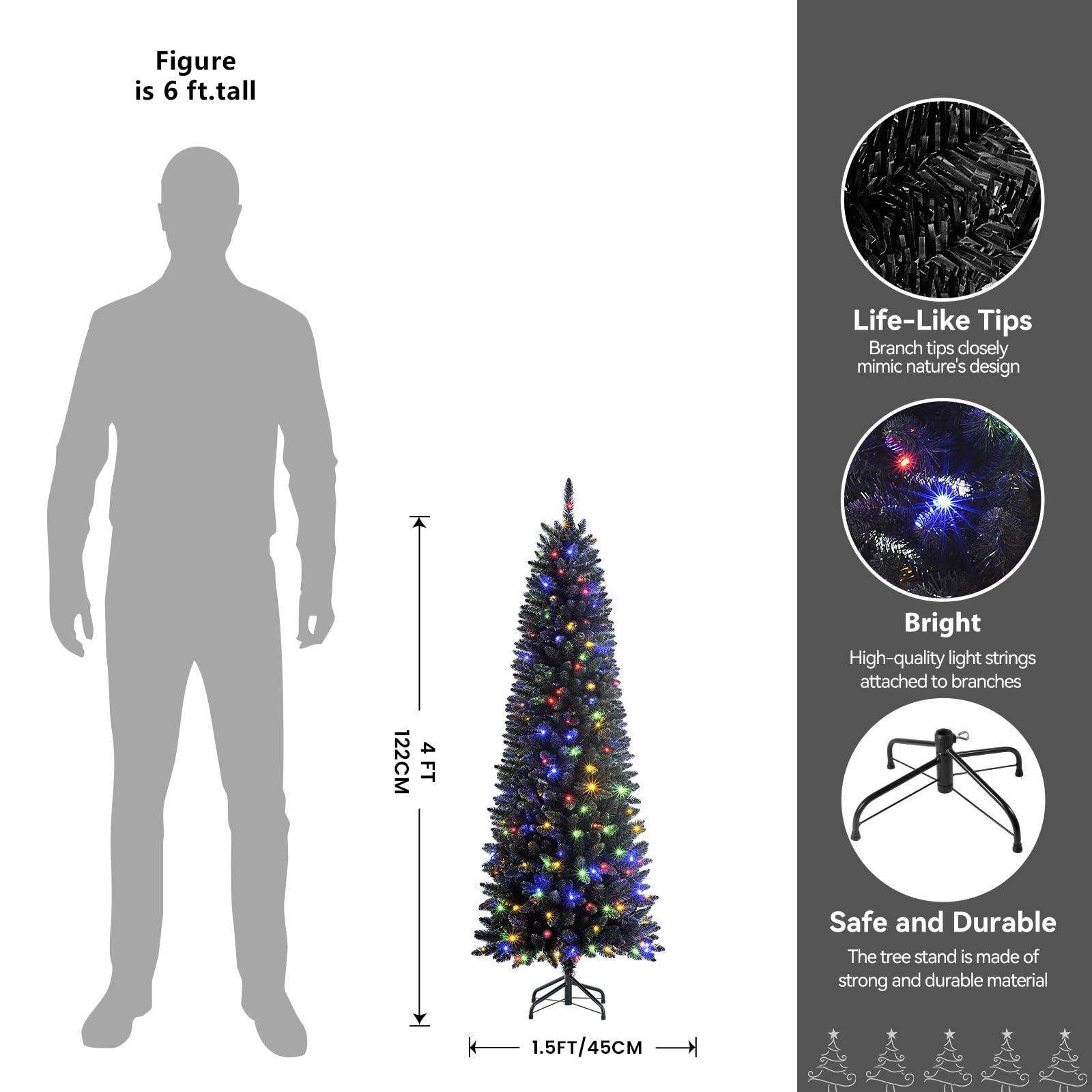 SHareconn 4ft Premium Prelit Artificial Hinged Slim Pencil Christmas Tree with Remote Control, 100 Warm White & Multi-Color Lights, Full Branch Tips, First Choice Decorations for X-mas, 4 FT, Black - SHareconn