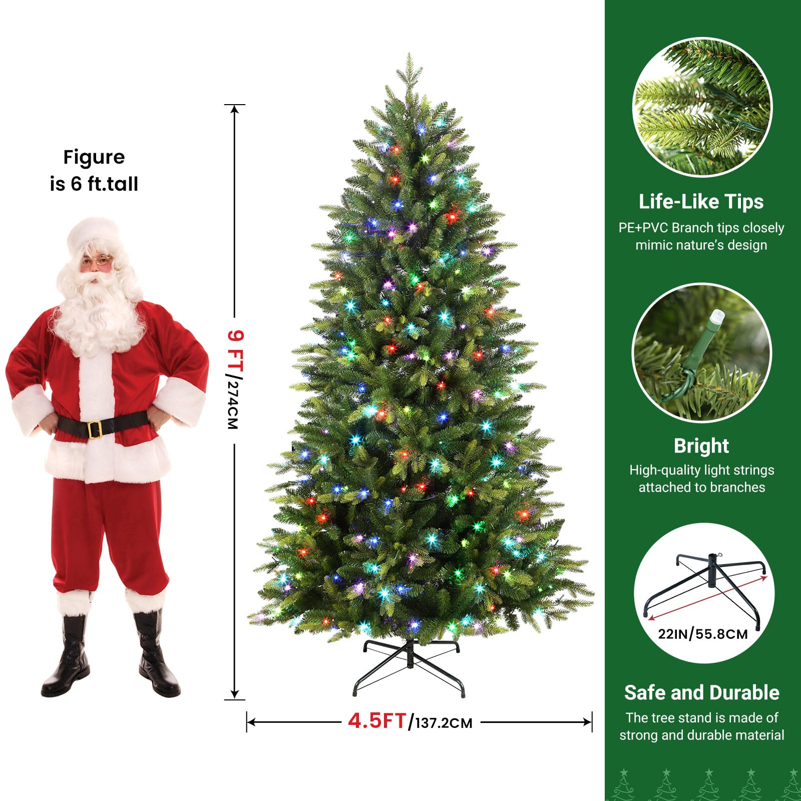 Upgraded Prelit Color Changing RGB Lights Artificial Hinged Christmas Tree with Remote Control - SHareconn