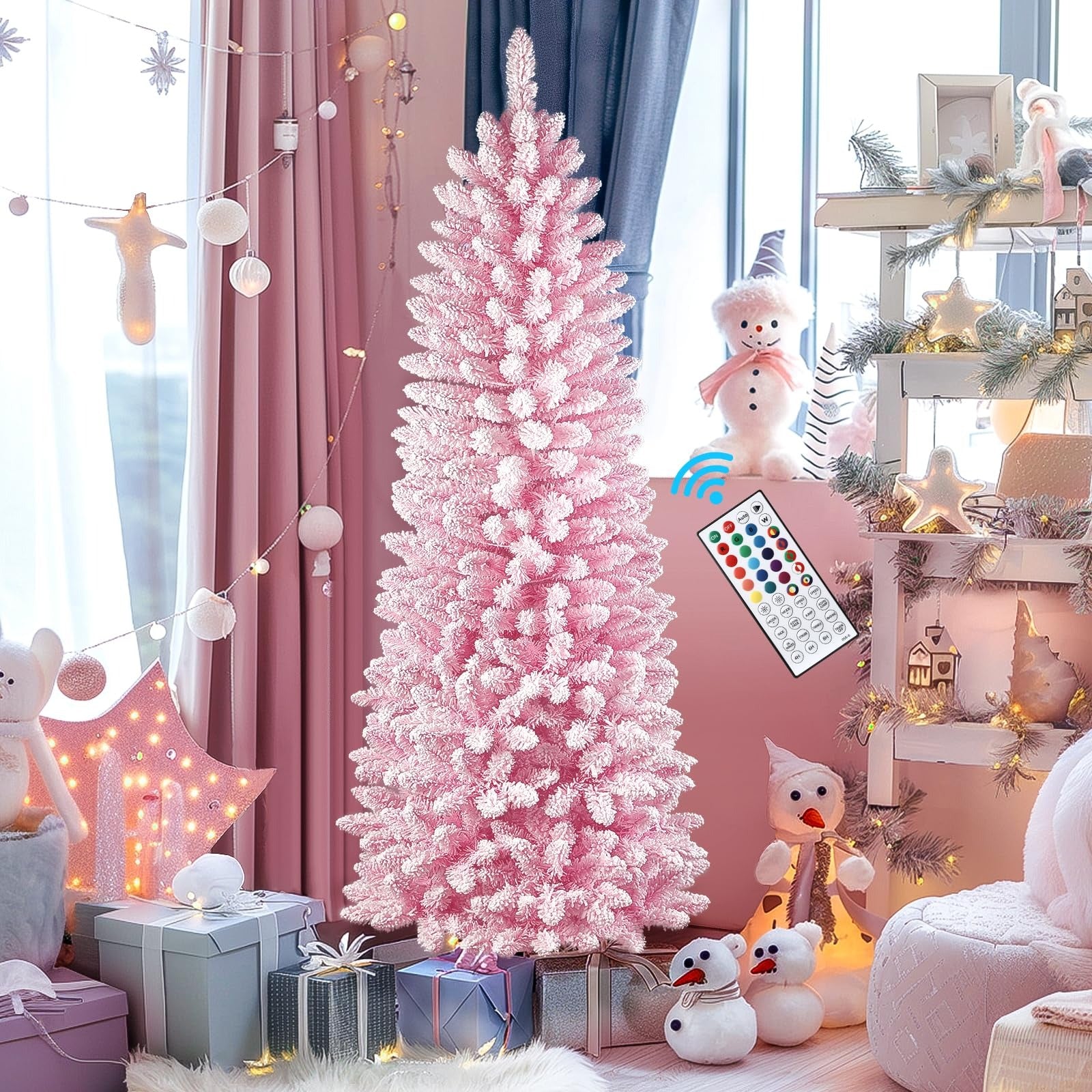 Pre-lit Multi-Color RGB Lights Artificial Hinged Slim Pencil Xmas Christmas Tree with Remote - SHareconn