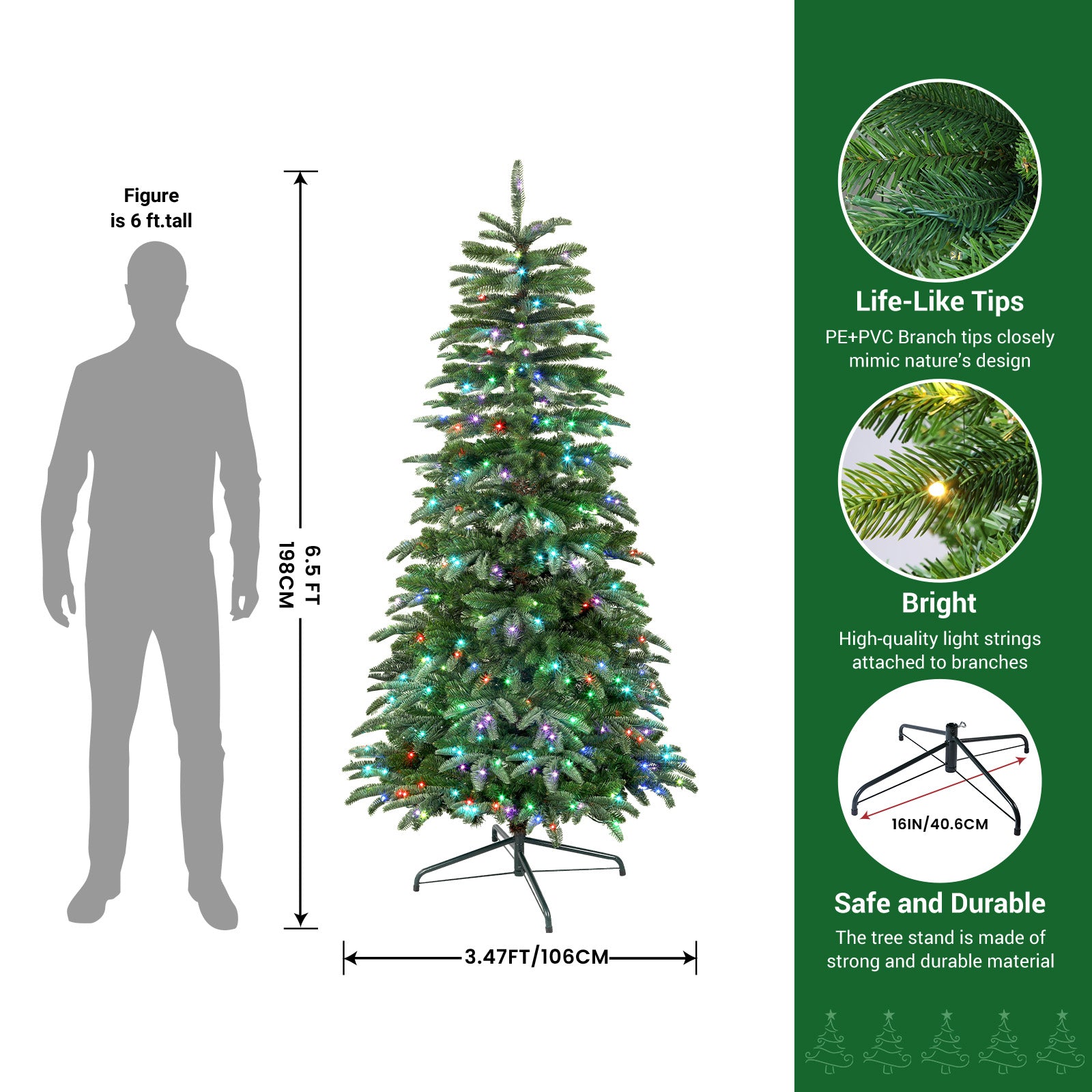 6ft Prelit Artificial Hinged Upgraded Christmas Tree with Remote, 380 Pre-Lit Multi-Color RGB Lights and 1045 PE & PVC Branch Tips, Perfect Choice for Xmas Decoration, 6 FT - SHareconn