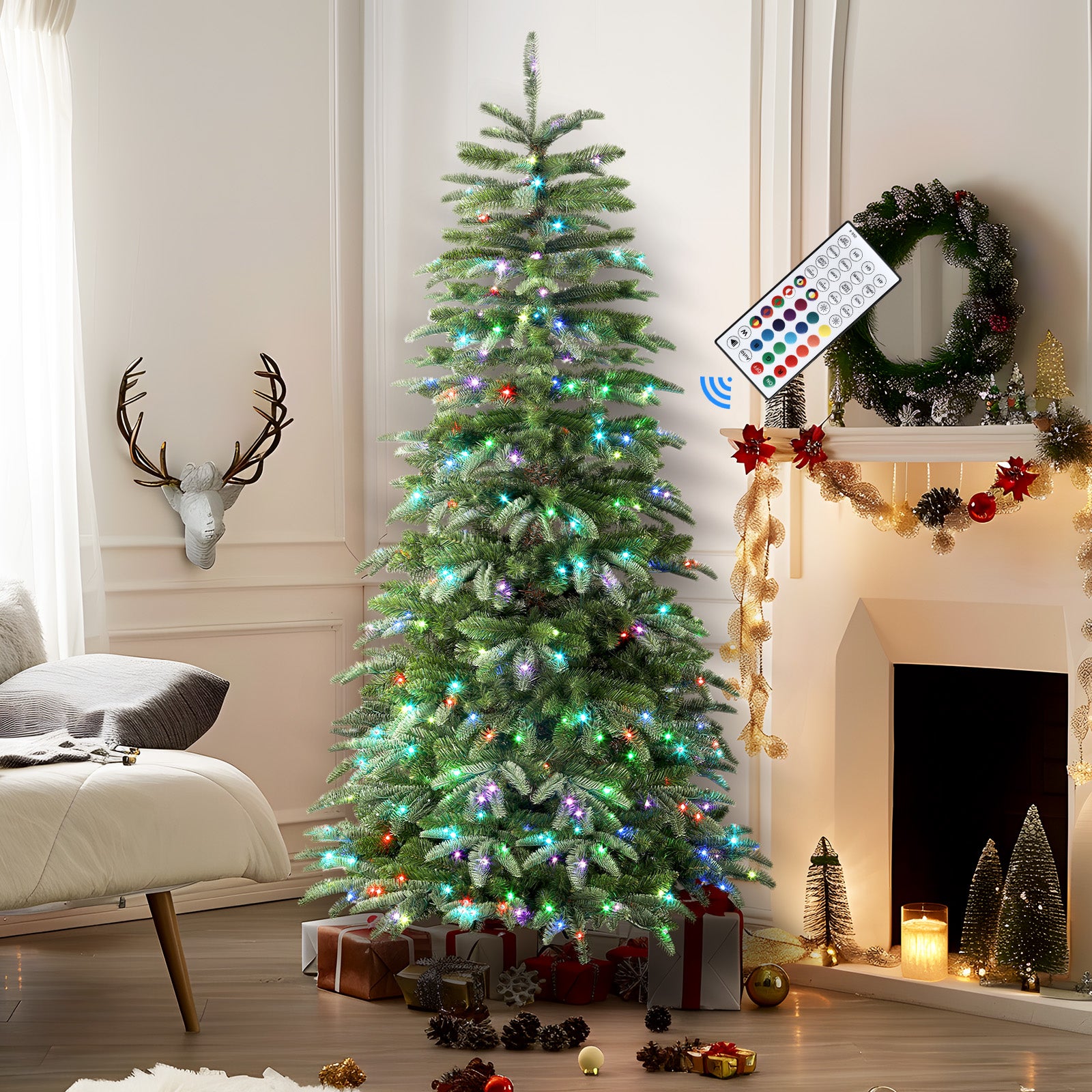 6ft Prelit Artificial Hinged Upgraded Christmas Tree with Remote, 380 Pre-Lit Multi-Color RGB Lights and 1045 PE & PVC Branch Tips, Perfect Choice for Xmas Decoration, 6 FT - SHareconn