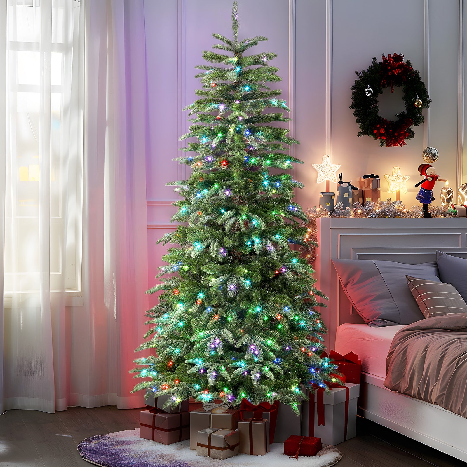 6ft Prelit Artificial Hinged Upgraded Christmas Tree with Remote, 380 Pre-Lit Multi-Color RGB Lights and 1045 PE & PVC Branch Tips, Perfect Choice for Xmas Decoration, 6 FT - SHareconn