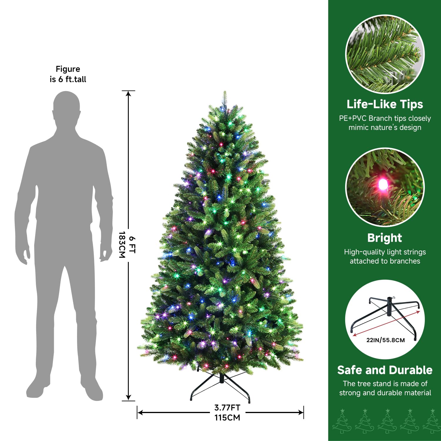 6ft Prelit Premium Artificial Hinged Full Christmas Tree with Remote Control, Timer, 400 Pre-Lit New Upgraded Multi-Color RGB Lights, 1423 Branch Tips, Perfect Choice for Xmas Decoration, 6FT - SHareconn
