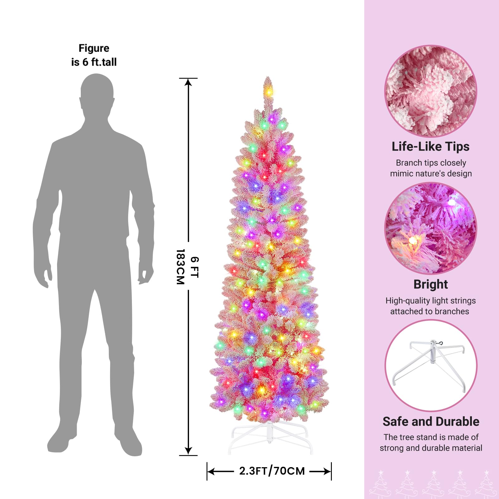 SHareconn 6ft Prelit Snow Flocked Artificial Hinged Slim Pencil Christmas Tree, with Remote Controlled Multi-Color RGB Lights, Full Branch Tips, Perfect Choice Decoration for Xmas Holiday, 6 FT, Pink - SHareconn