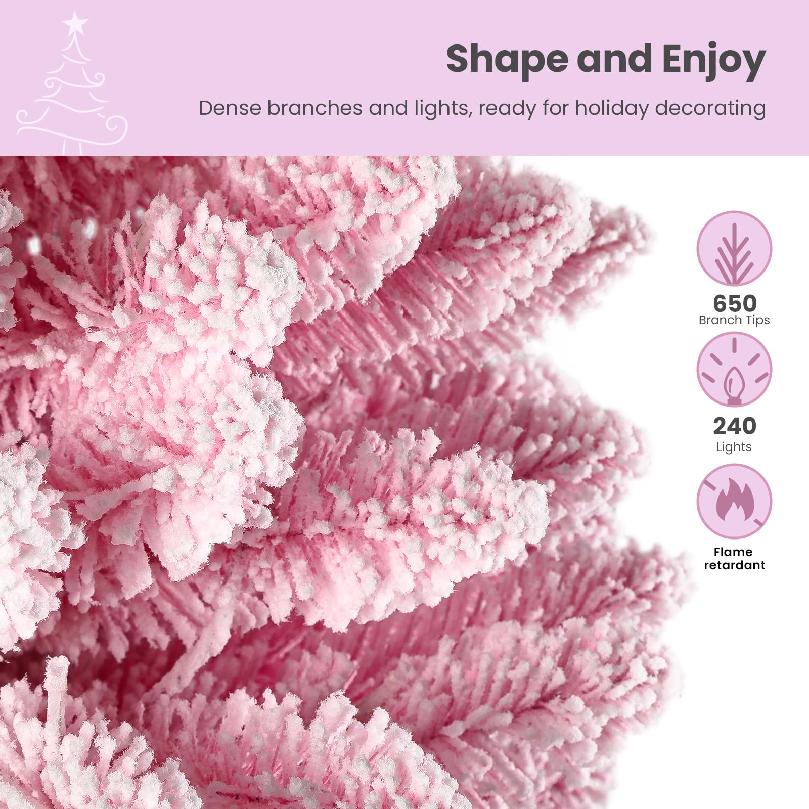 SHareconn 6ft Prelit Snow Flocked Artificial Hinged Slim Pencil Christmas Tree, with Remote Controlled Multi-Color RGB Lights, Full Branch Tips, Perfect Choice Decoration for Xmas Holiday, 6 FT, Pink - SHareconn