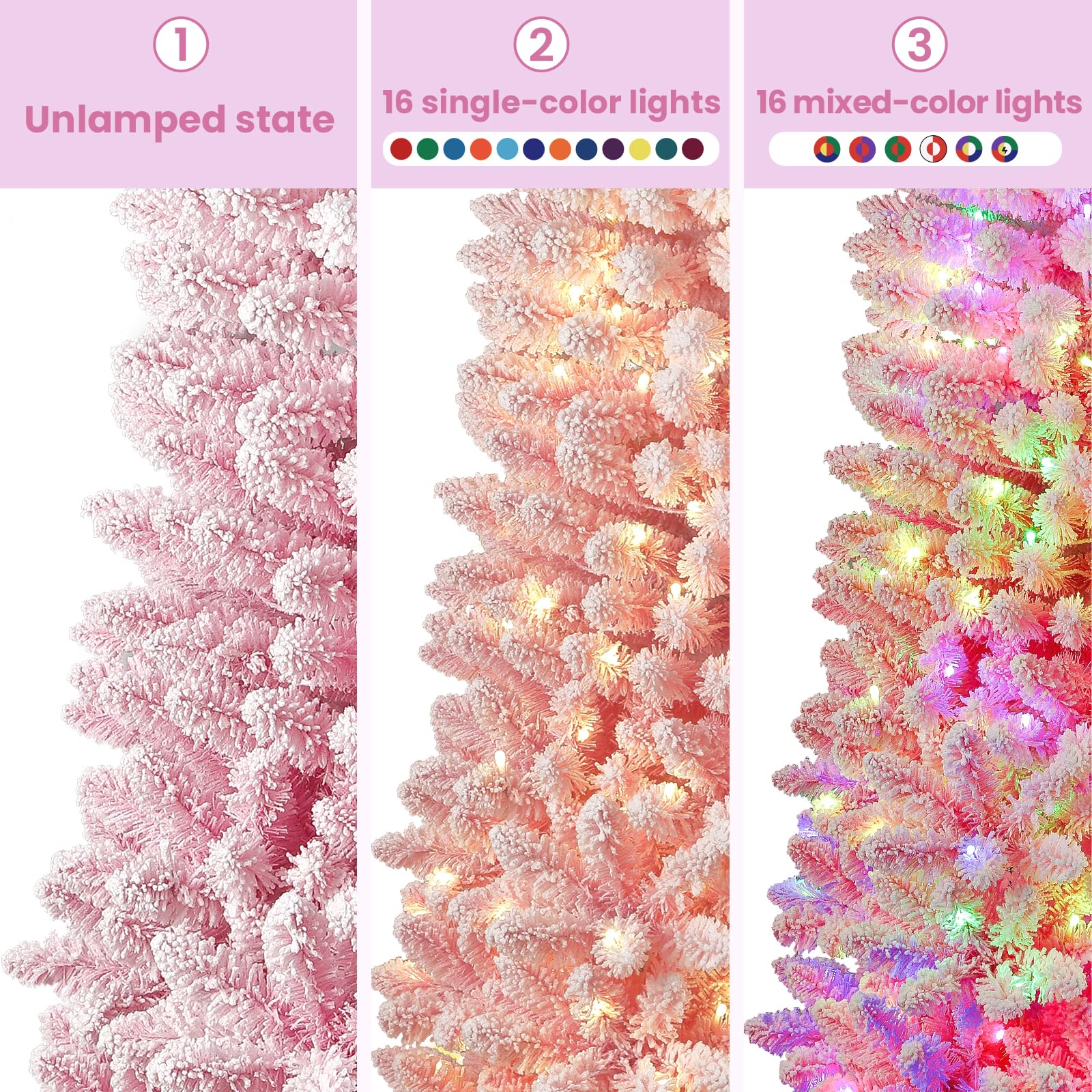 SHareconn 6ft Prelit Snow Flocked Artificial Hinged Slim Pencil Christmas Tree, with Remote Controlled Multi-Color RGB Lights, Full Branch Tips, Perfect Choice Decoration for Xmas Holiday, 6 FT, Pink - SHareconn