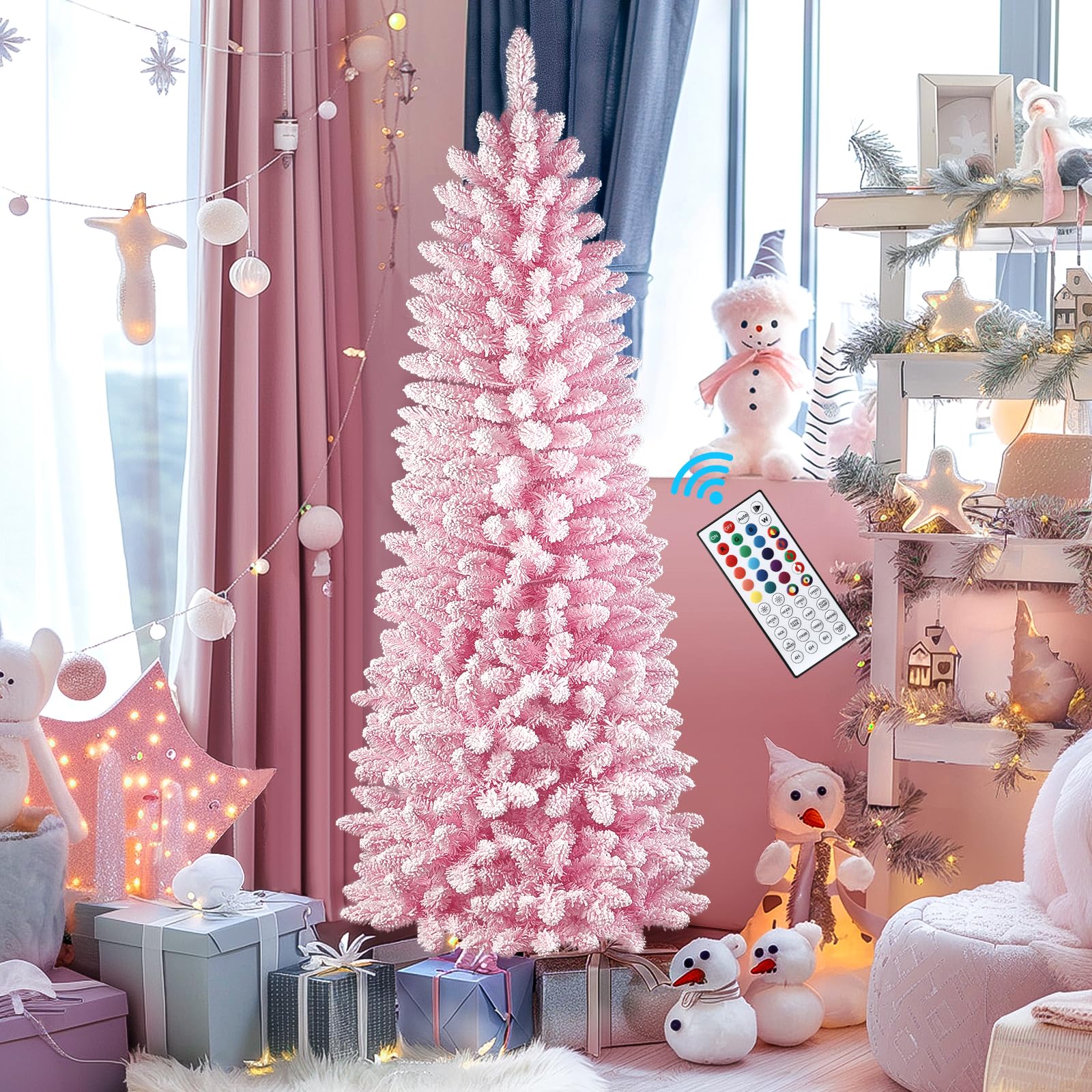 SHareconn 6ft Prelit Snow Flocked Artificial Hinged Slim Pencil Christmas Tree, with Remote Controlled Multi-Color RGB Lights, Full Branch Tips, Perfect Choice Decoration for Xmas Holiday, 6 FT, Pink - SHareconn