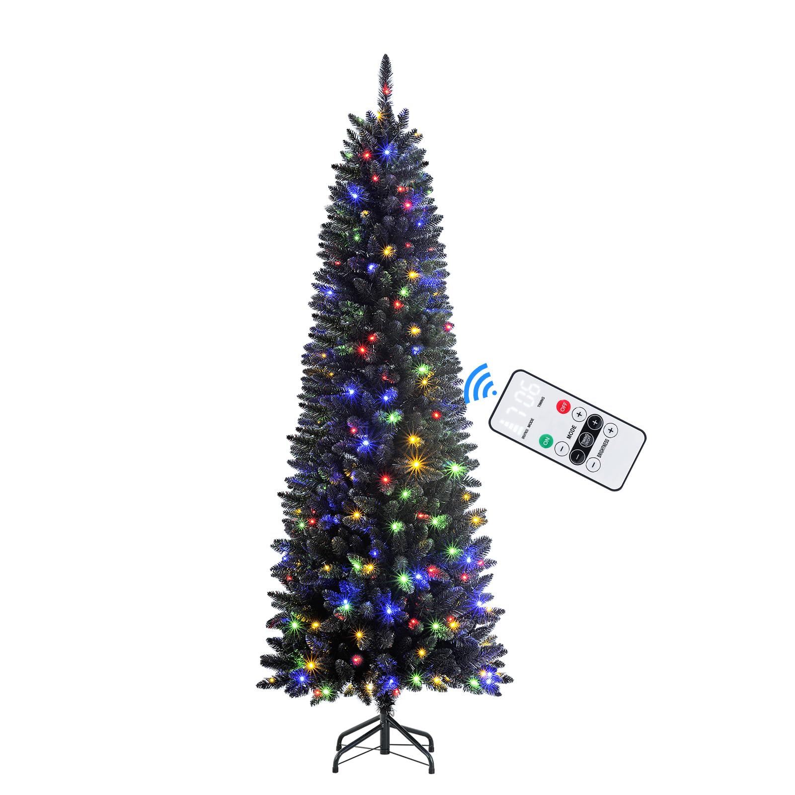 SHareconn 6ft Premium Prelit Artificial Hinged Slim Pencil Christmas Tree with Remote Control, 240 Warm White & Multi-Color Lights, Full Branch Tips, First Choice Decorations for X-mas, 6 FT, Black - SHareconn