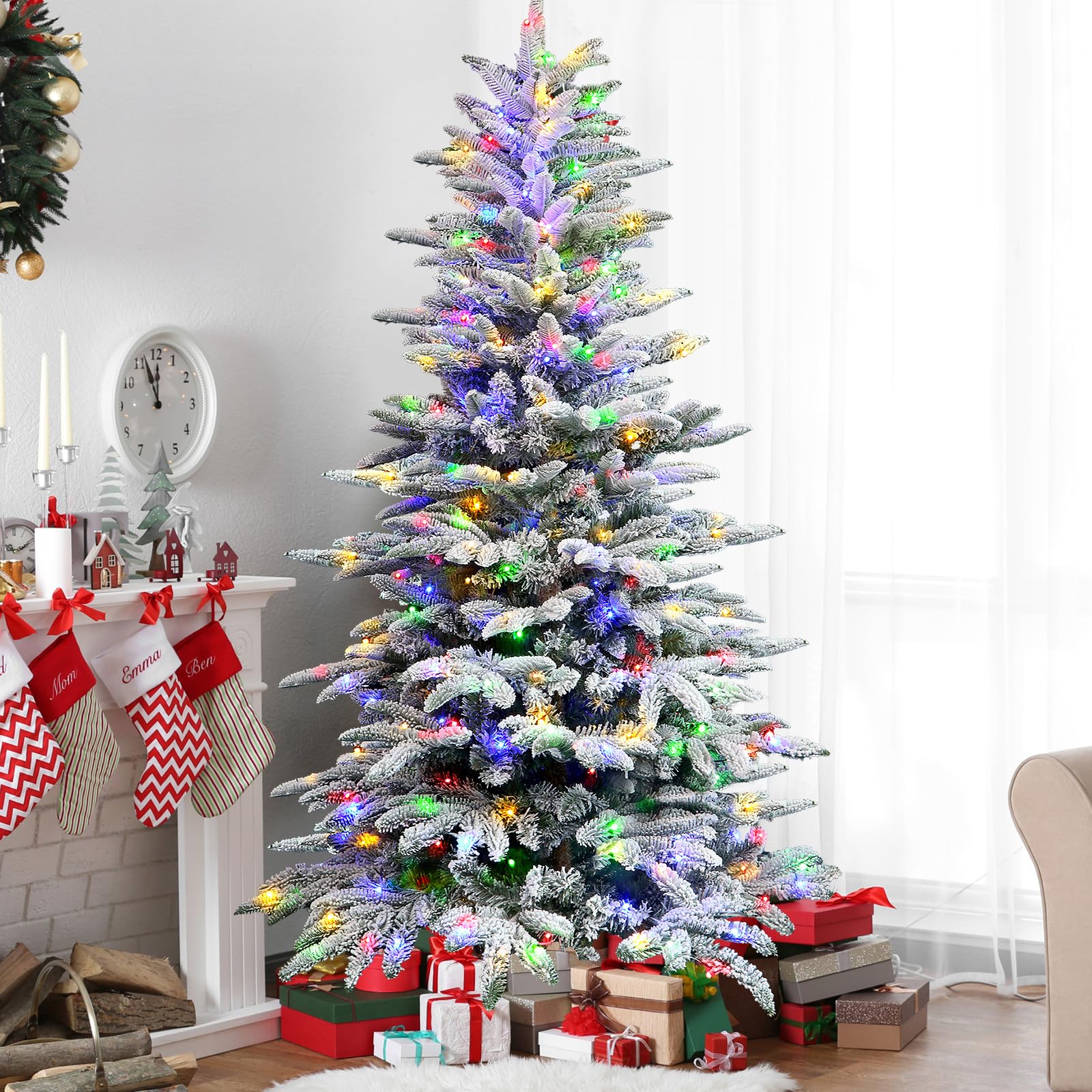 6ft Prelit Artificial Hinged Upgraded Snow Flocked Christmas Tree with Remote, 380 Pre-Lit Multi-Color RGB Lights and 1045 PE & PVC Branch Tips, Perfect Choice for Xmas Decoration, 6 FT - SHareconn