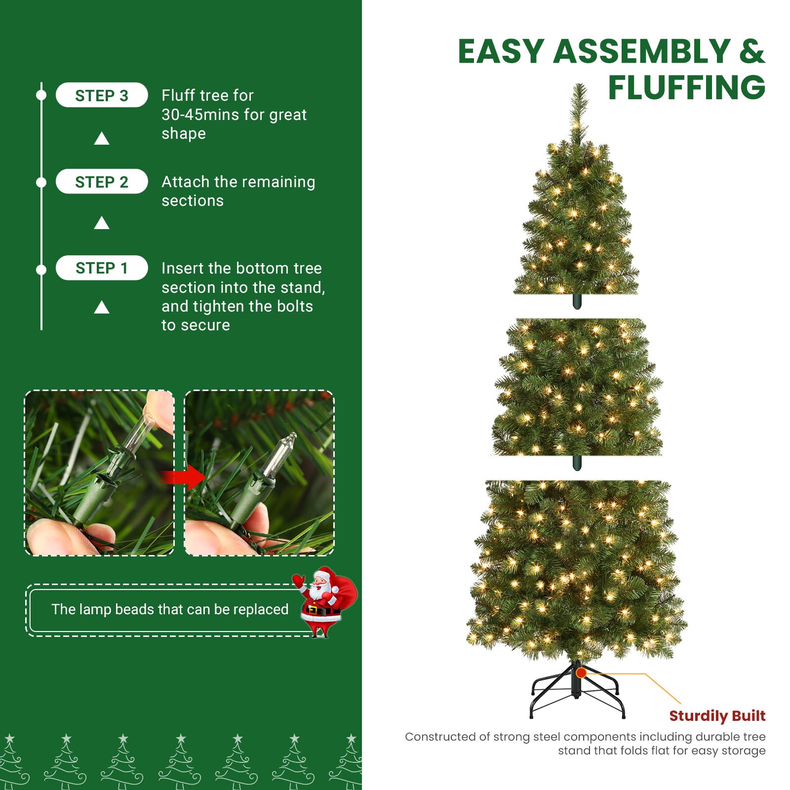 SHareconn 6ft Artificial Hinged Slim Pencil Prelit Christmas Tree with Lights, Warm White Light, The Perfect Choice of Decorations for Xmas Holiday, 6 Foot Pre Lit Christmas Tree, Green - SHareconn