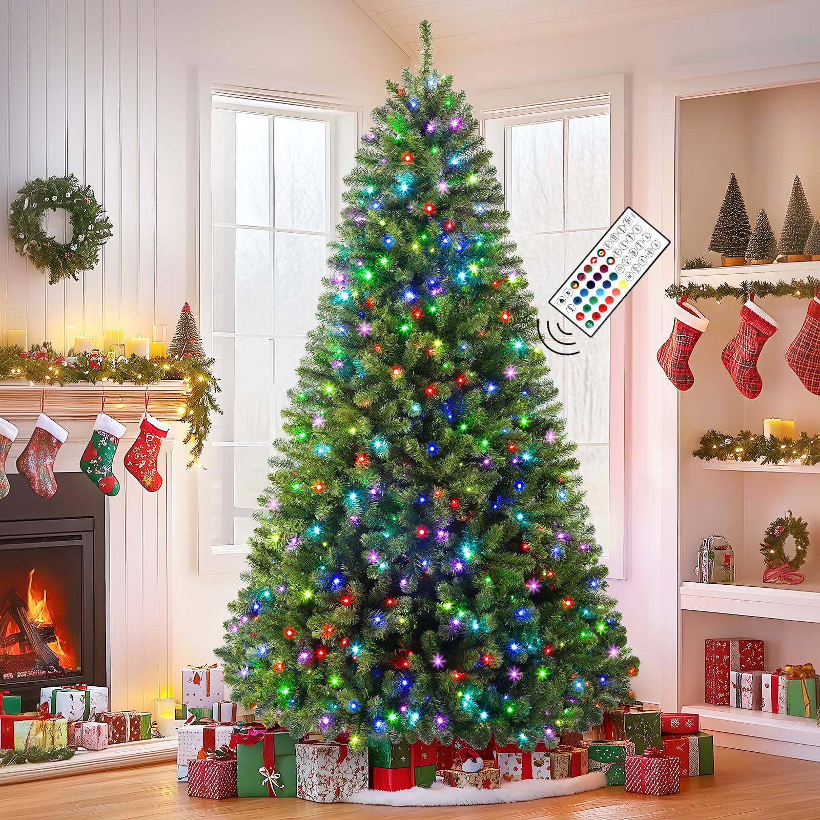 Pre-lit Multi Color RGB Lights PVC Branch Premium Artificial Hinged Christmas Tree with Remote-Green - SHareconn