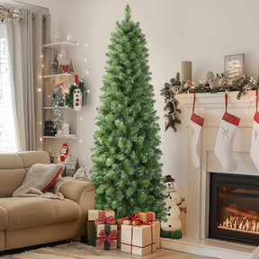 SHareconn 7.5ft artificial slim pencil Christmas tree with 300 warm white lights, classic and prelit for festive decor.