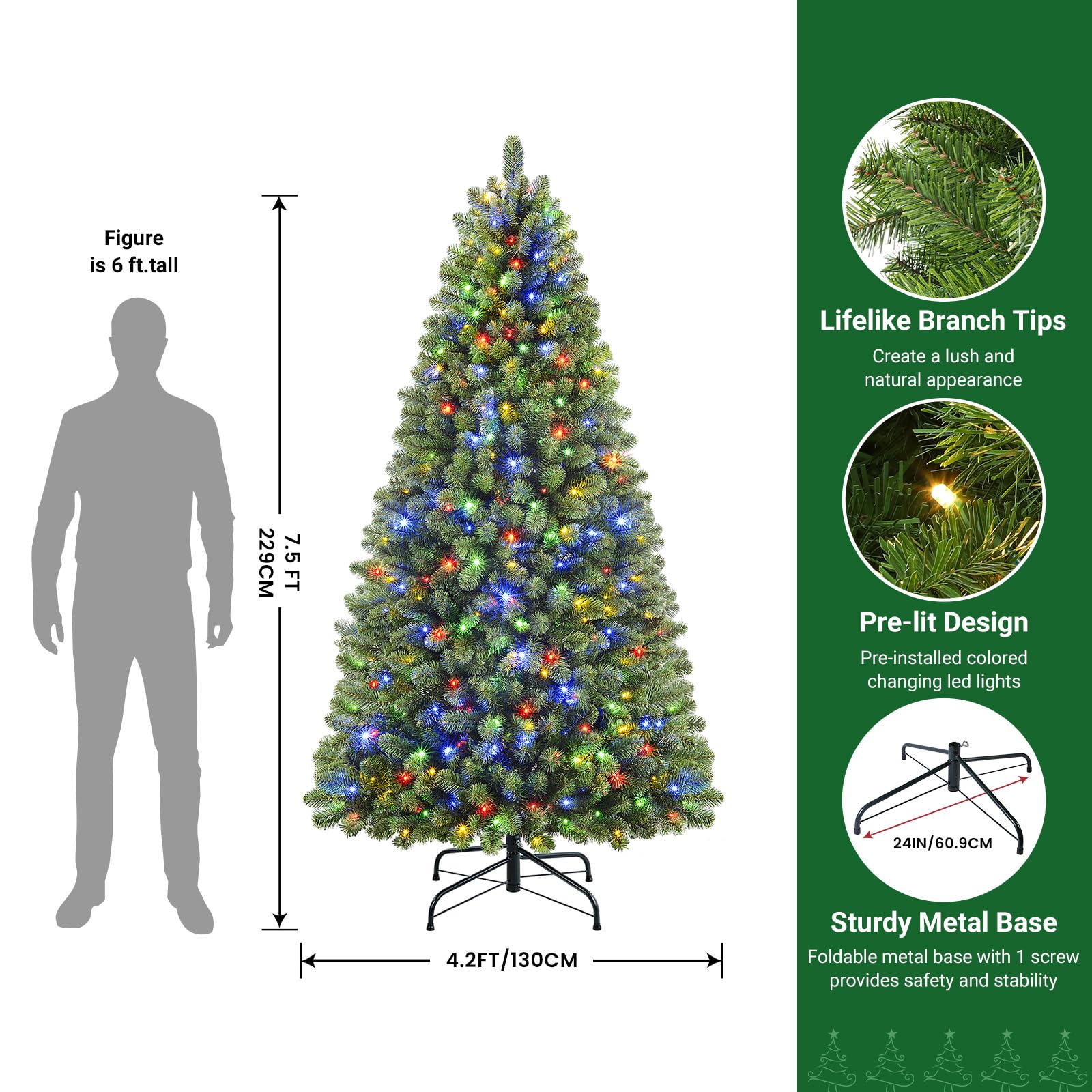7.5ft Prelit Warm White & Color LED Changing Lights Premium Artificial Hinged Christmas Tree with Remote Control - SHareconn