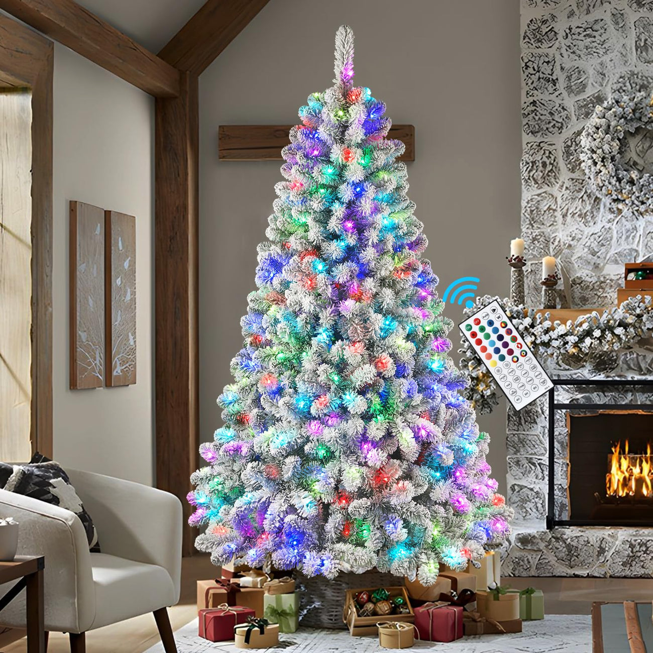 7.5ft Prelit RGB Lightst Snow Flocked Spruce Artificial Xmas Christmas ...