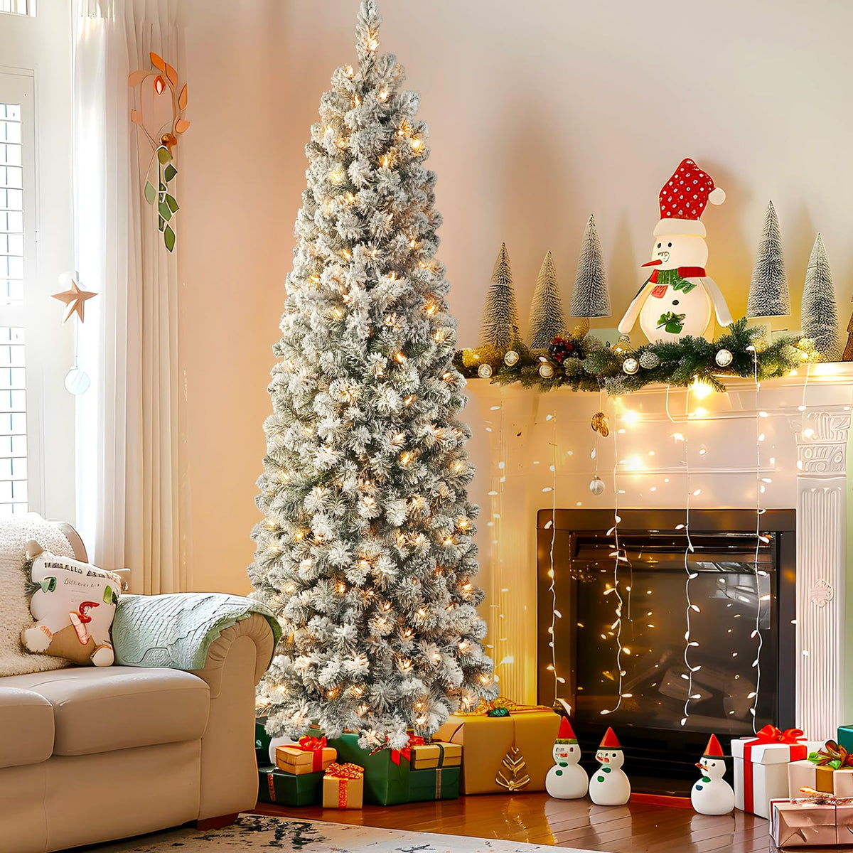 Flocked spruce artificial Christmas tree with warm white lights, 7.5ft slim pencil design from SHareconn, pre-lit and snow-flocked.