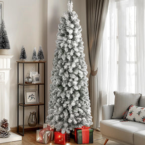 Flocked spruce artificial Christmas tree from Shareconn with warm white lights, snow-flocked branches, slim pencil design, 7.5 ft tall.