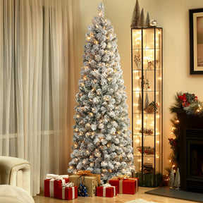 Flocked artificial Christmas tree with warm white lights, slim pencil shape, 7.5 ft size from SHareconn, snow-flocked branches.