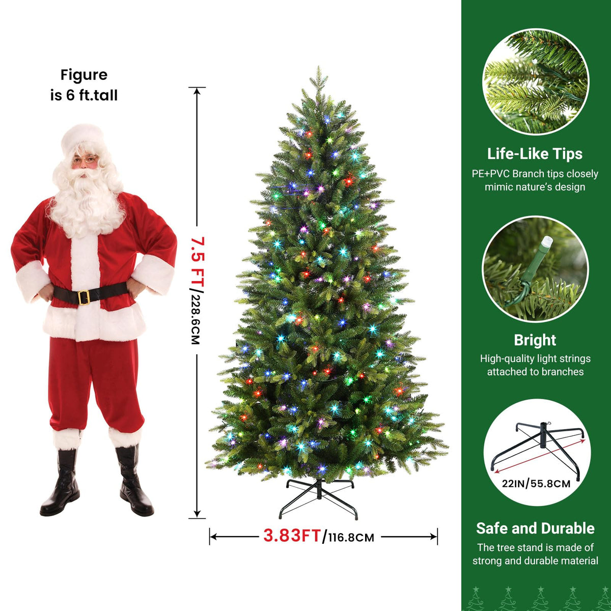 7.5ft Upgraded Prelit Color Changing RGB Lights Artificial Hinged Chri