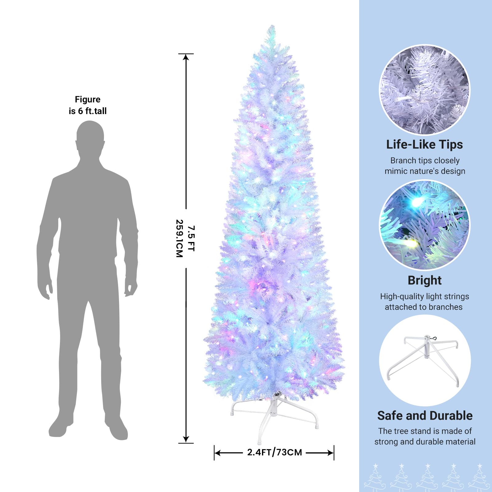 SHareconn 7.5ft Prelit Artificial Hinged Slim Pencil Christmas Tree, with Remote Controlled Multi-Color RGB Lights, Full Branch Tips, Perfect Choice Decoration for Xmas Holiday, 7.5 FT, White - SHareconn