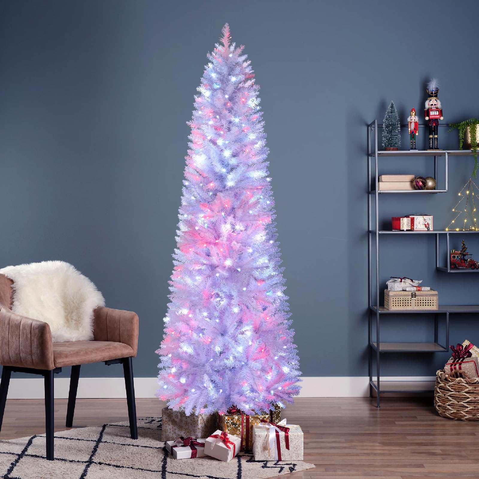 SHareconn 7.5ft Prelit Artificial Hinged Slim Pencil Christmas Tree, with Remote Controlled Multi-Color RGB Lights, Full Branch Tips, Perfect Choice Decoration for Xmas Holiday, 7.5 FT, White - SHareconn