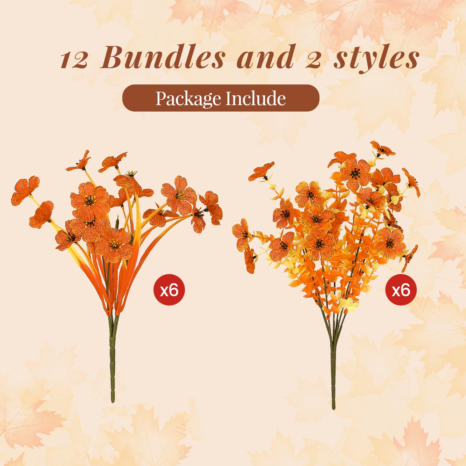 12 Bundles Fall Artificial Faux Flowers, UV Resistant Autumn Fake Flowers Stem Plants（Orange） - SHareconn