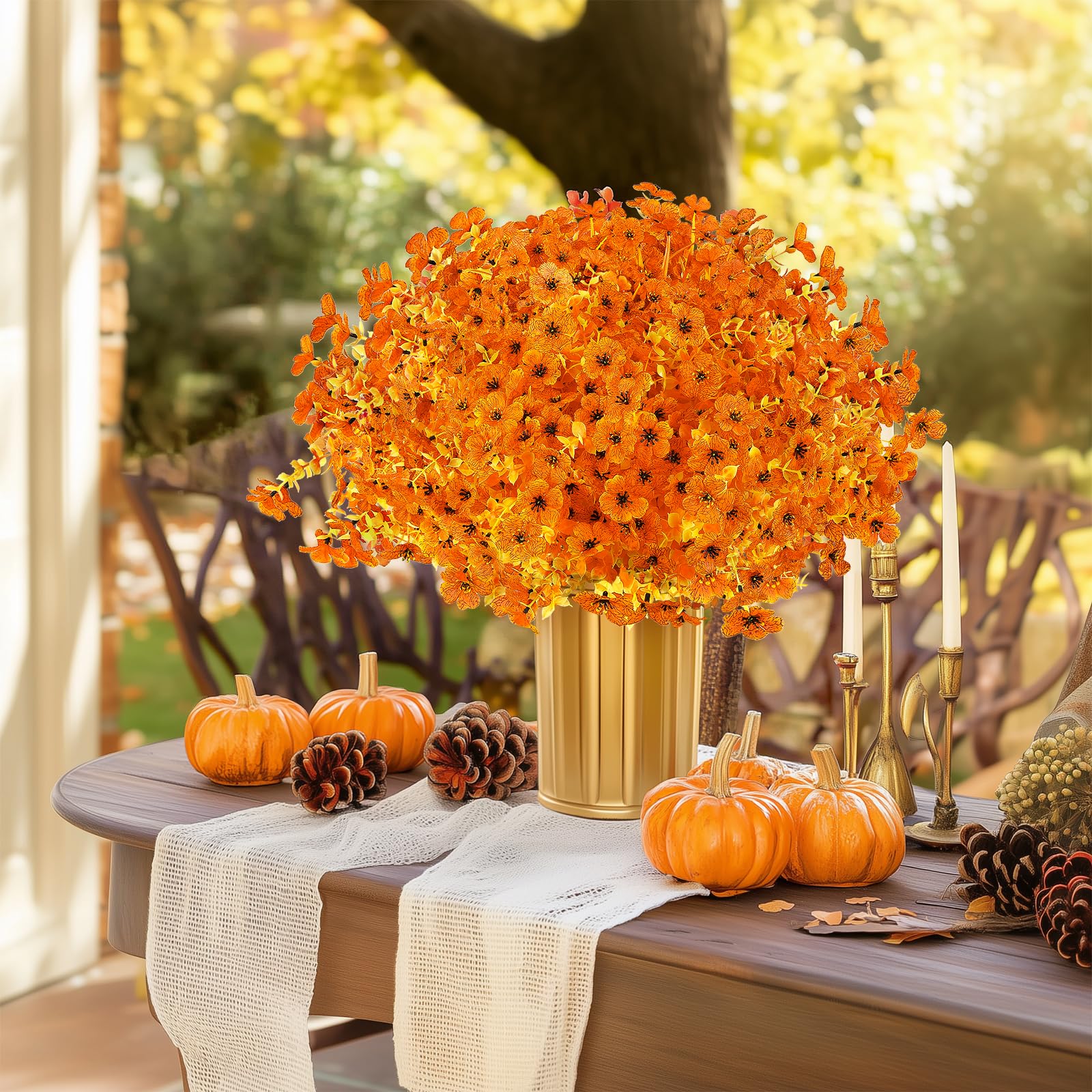 12 Bundles Fall Artificial Faux Flowers, UV Resistant Autumn Fake Flowers Stem Plants（Orange） - SHareconn