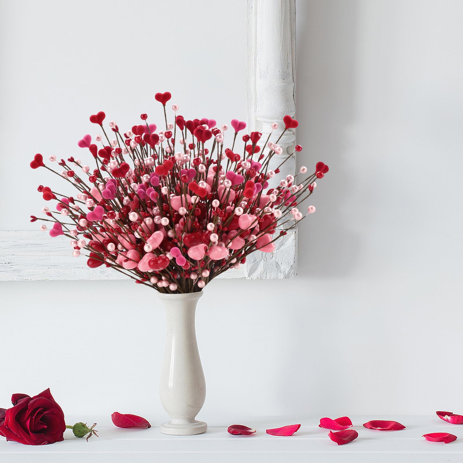 16 PCS Valentine's Day Gifts, Artificial Red Berry Flower Stems Pink Heart Shaped Berries Picks Branches for Valentine Decorations, Mother's Day, Wedding Anniversary Home Table Indoor Decor - SHareconn
