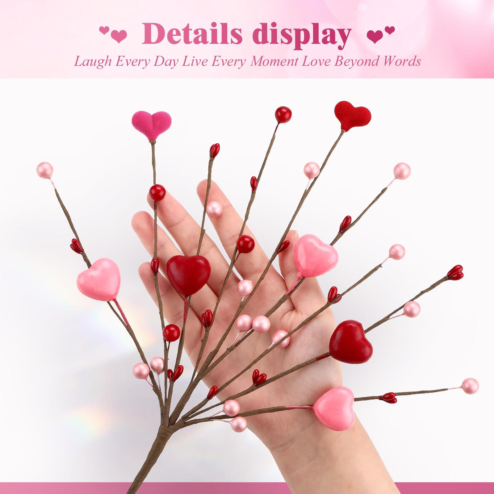 16 PCS Valentine's Day Gifts, Artificial Red Berry Flower Stems Pink Heart Shaped Berries Picks Branches for Valentine Decorations, Mother's Day, Wedding Anniversary Home Table Indoor Decor - SHareconn